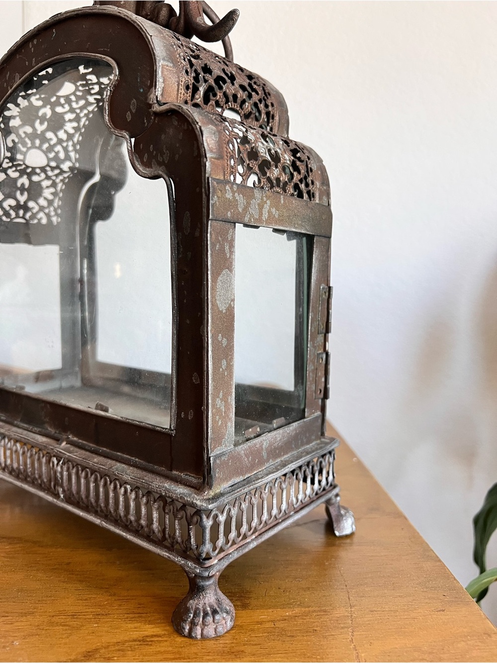 Moroccan Style Metal Lantern Candle Holder 14” Tall Ornate Glass Panel Lantern - Picture 7 of 8